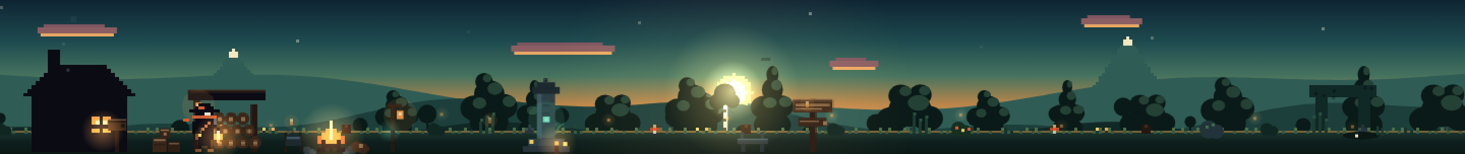 The Deepfield strip at golden hour: a cabin, campfire, fox companion, pier and shrine along a teal and gold dusk wilderness