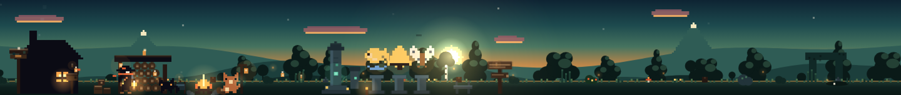 The Deepfield camp built up at dusk: cabin, woodshed, pier, shrine and lit lanterns along the strip