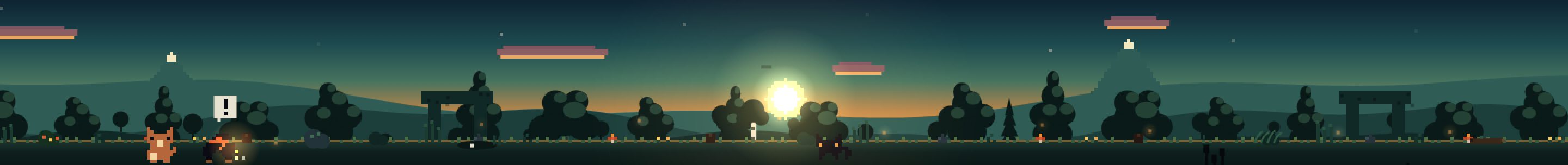 The explorer deep in the field with his companion, passing ancient stone arches at dusk